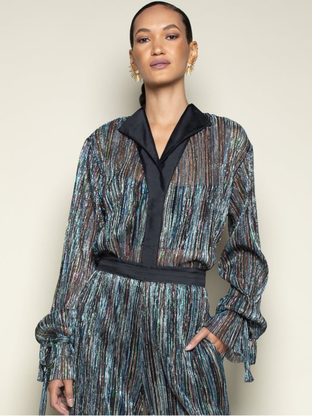 Rainbow Shimmer Pleated Tie Sleeve Tuxedo Top